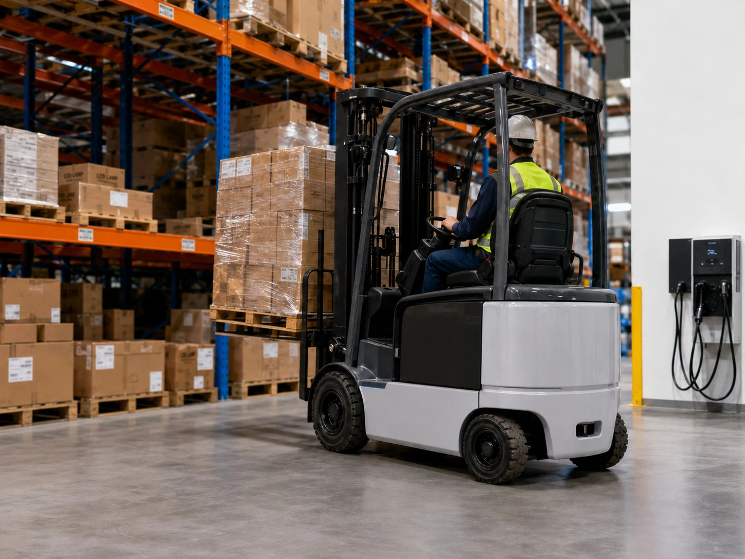 Industrial electric forklift truck operating in a logistics warehouse warehouse showcasing the physical asset that relies on accurate forklift battery ROI calculator and total cost of ownership TCO analysis models